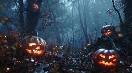 A macabre gathering in a haunted forest, where pumpkins carved with ghastly faces light up the underbrush, and dead trees whisper secrets in the wind. - obrazy, fototapety, plakaty