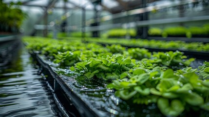 Lush green hydroponic greenhouse with rows of leafy vegetable plants growing in water channels. Concept of sustainable urban farming, agriculture technology and fresh produce cultivation