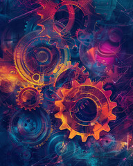 A vibrant, abstract representation of gears merging into a seamless business workflow, with neon accents.