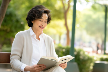 Obraz premium Middle aged Chinese woman at outdoors holding a book