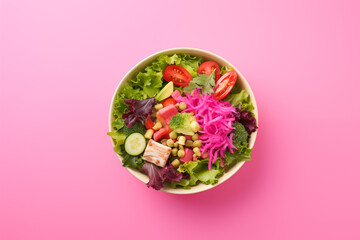 Obraz na płótnie Canvas colorful and delicious salad on pink background