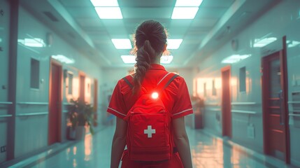 Girl Nurse with a defibrillator, luminous octane render, soft light, panoramic view, high quality, clipart white background - obrazy, fototapety, plakaty