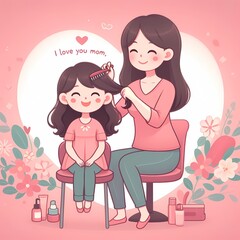 illustration of a mother is styling her daughter's hair, who is sitting on a chair