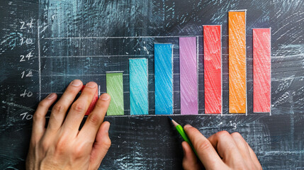 Hands drawing a bar graph with one bar extending beyond the chart, capturing the aspiration to reach new heights of success.