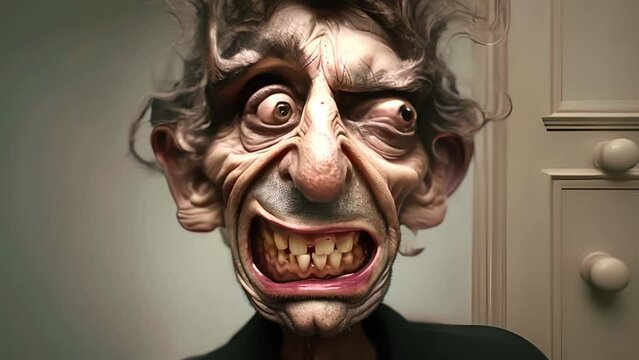 Animation of a ugly deformed face. Man is looking chocked and crazy. Bald man psychological stress struggling for life 3D cartoon 4k video