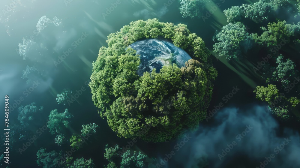 Poster A green planet with trees surrounding it. The trees are so dense that they cover the entire planet