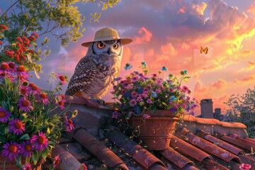 A charming rooftop garden scene where a wise owl in a straw hat tends to vibrant flowers, under a pastel sunset, creating a storybook moment
