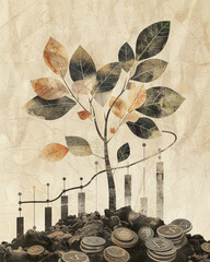 A sapling growing from a pile of coins, with trend lines and economy graphs blossoming on branches.