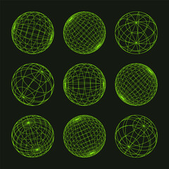 Wireframe shapes, lined sphere. Perspective mesh, 3d grid. Low poly geometric elements. Retro futuristic design elements, y2k, vaporwave and synthwave style. Vector illustration