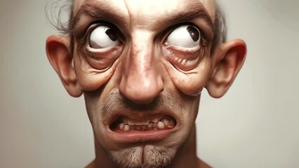 Animation of a ugly deformed face. Man is looking chocked and crazy. Bald man psychological stress struggling for life 3D cartoon 4k video