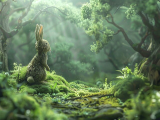 A fantastical scene of a rabbit girl in a lush forest, focus on the rabbit girl, exuding beauty and grandeur, rendered in fantasy style, in 4K HD with no noise