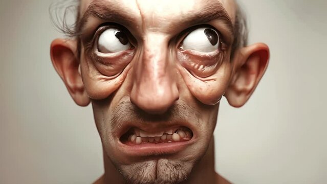 Animation of a ugly deformed face. Man is looking chocked and crazy. Bald man psychological stress struggling for life 3D cartoon 4k video