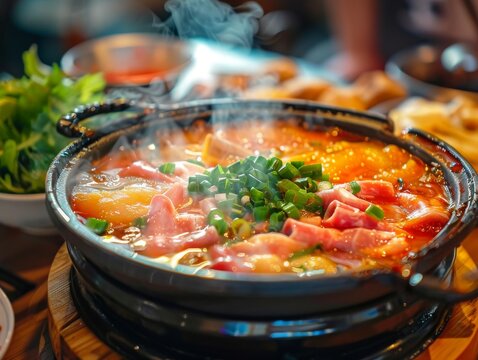 A Thaistyle hot pot with succulent slices of pork, sharply focused on the hot pot, sitting on a table, captured in 4K HD with no noise