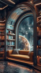 A cozy corner in a futuristic library, where patrons can use AI to virtually visit and study any galaxy in realtime - obrazy, fototapety, plakaty