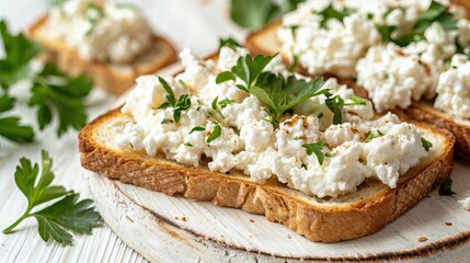 Toast with Homemade Cheese, Cottage Cheese, and Parsley