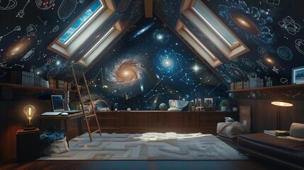 A dreamy attic study with skylights showing the night sky, filled with doodles of galaxies and nebulae on the walls for a relaxing study session - obrazy, fototapety, plakaty