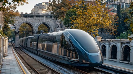 A magnetic levitation train passing through the ancient gates of Constantinople, a symbol of how transportation can bridge time