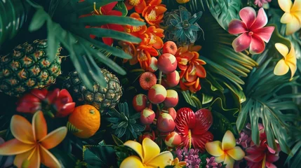 Fotobehang Background of tropical flowers and fruits. Top view. AI generative. © PROKOPYCH