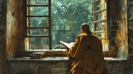 A quiet monastery where monks transcribe ancient scientific texts, adding doodles that illustrate theories in the margins for relaxed contemplation - obrazy, fototapety, plakaty