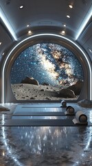 A serene yoga studio on a lunar base, where relaxing views of the Milky Way inspire poses, aided by an AI personal trainer