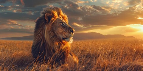 A majestic lion's portrait as it gazes into the distance, with the sprawling savanna and...
