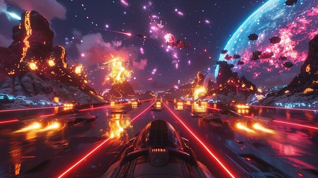 A night marathon on Earth with the sky lit by a neon galaxy, mimicking a battlefield with starfighters and explosions
