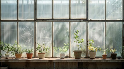 An old greenhouse where geneticists doodle crossbreeding results on foggy windows, combining relaxation with genetic study