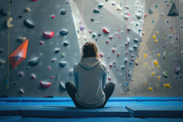climber sits on a mat and looks at a climbing wall