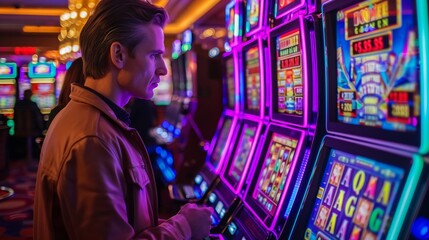Casino floor, neon slot machines, gambler negotiating with manager, closeup, tense expression - obrazy, fototapety, plakaty