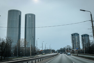 Riga city street center with cars.