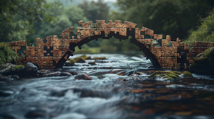 A bridge made of puzzle pieces, magically assembling over a river, symbolizing innovative solutions. - obrazy, fototapety, plakaty