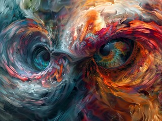 Telepathic encounter between species, abstract visuals, swirling colors, closeup, intense focus