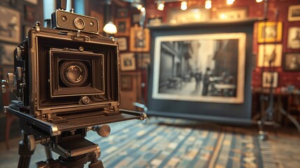 Vintage photography studios where classic cameras are connected to cloud services, instantly uploading and sharing news photos