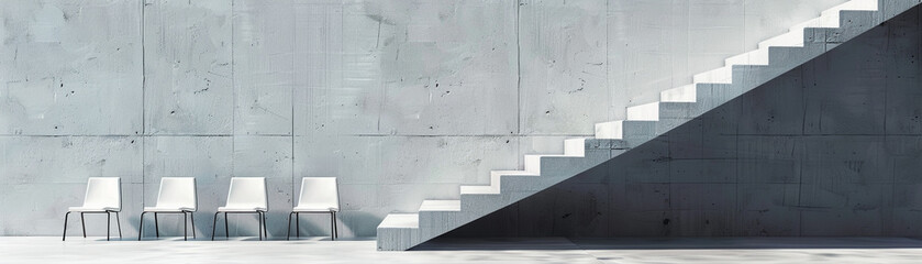 A series of chairs leading up a stairway, each higher than the last, symbolizing the ascent to promotion filled with anticipation.
