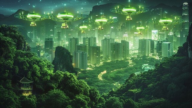 Neonlit drones delivering sustainable goods over a thriving green city, highlighting efficiency and ecofriendliness
