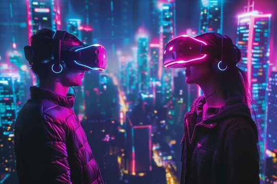 VR users meeting in virtual reality city, neon skyline, firstperson view, immersive colors