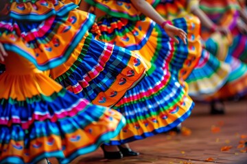 Mexican Folklorico Dancers in Vibrant Costumes Twirling at Cultural Festival