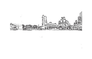 Print Building view with landmark of Santa Cruz de Tenerife is the city in Canary Islands. Hand drawn sketch illustration in vector.