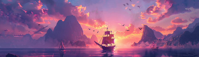 Adventurers setting sail towards a sunset, with a legend of islands rich in oil and mountains full of gold guiding them.