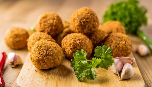 FALAFEL COM ERVAS FRESCA EM MESA DE MADEIRA R&Uacute;STICA