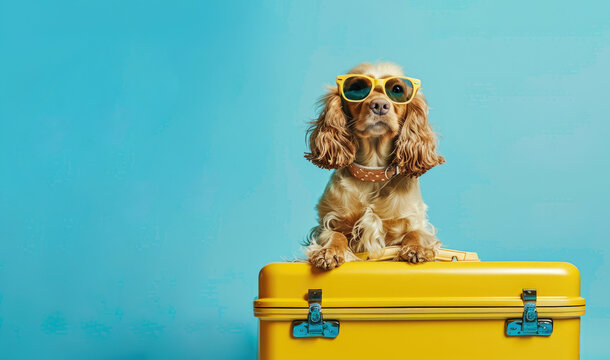 Cute ginger dog cocker spaniel in dark sunglasses sitting on top of the yellow suitcase ready to go on holiday, blue background