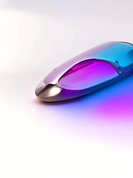 3d render of an abstract computer mouse on white background, gradient colors from blue to pink and orange, glossy glass material with reflections and refractions, perfect for product design