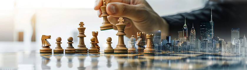 A hand moving a chess piece on a board that morphs into a cityscape, symbolizing strategic urban growth.