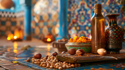 Spices and herbs in moroccan interior. Food and cuisine