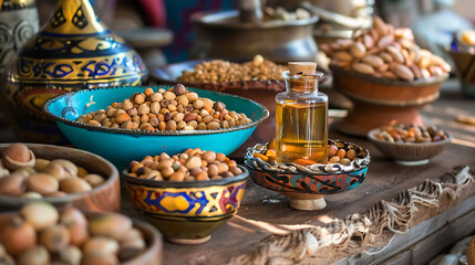 Olive oil in a bottle on the background of oriental objects