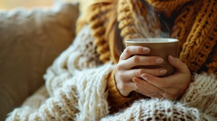 A person enveloped in the warmth of a cozy blanket, holding a steaming cup of tea, with a soft smile that speaks volumes about the comfort of self-care moments.