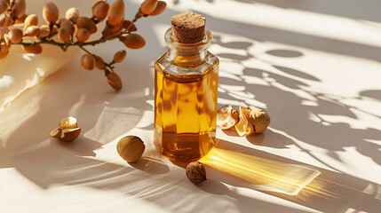 Essential oil with nuts in a glass bottle on a white background