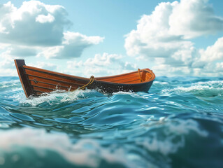 A boat steadying itself in turbulent waters, with clear skies ahead symbolizing market recovery.