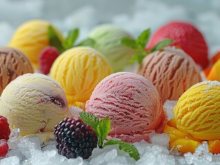 Assorted colorful ice cream scoops with fresh berries and mint leaves. Delicious summer dessert or frozen treat with variety of flavors on ice background.