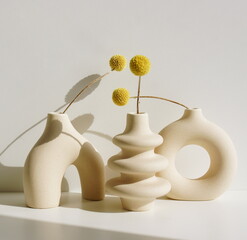 Modern beige ceramic vases set with dry flower close up on white background and sunlight...